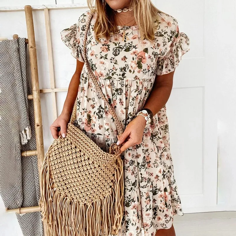 Zomer geplooide vrouwen chiffon jurken casual strand vakantie korte mouw vierkante kraag vrouw midi-jurk bohemien mujer vestidos