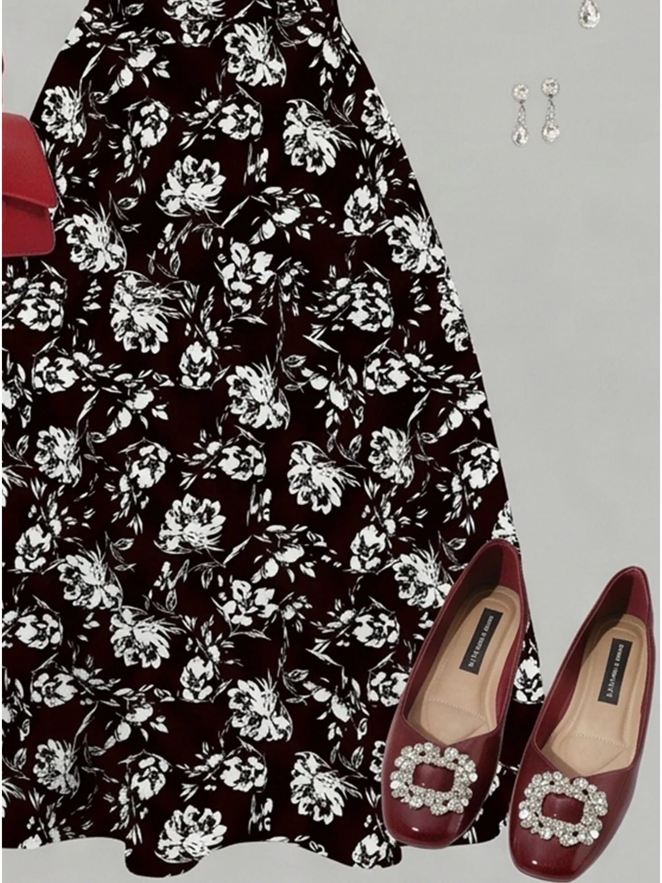 Kleid mit Blättermuster und quadratischem Kragen für Kinder und Frauen, locker geschnitten, kurze Ärmel, tailliert, langer Rock. – Detail 14