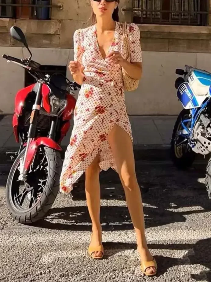 

French Floral Printed V-Neck Midi Dress Women Elegant Slim Fit Button One Piece Wrap Up Dresses