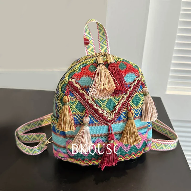BKQUSC new Chinese style mini backpack retro ethnic style hand-woven vintage color block striped tassel small backpack cute bags
