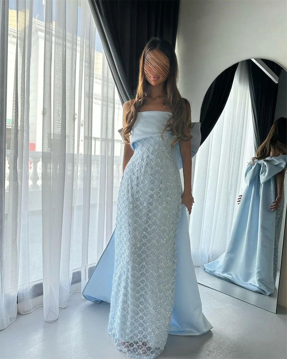 Prom Dresses Fashion Elegant Strapless Sheath Party Dress Floor Length Court Sleeveless Bows Satin Formal Evening Gowns Summer