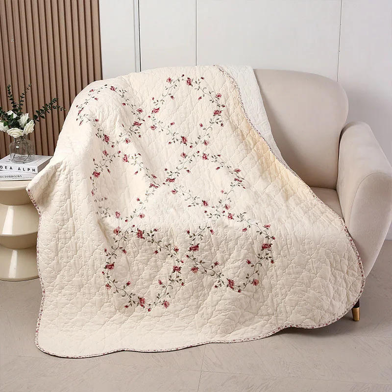 Cotton Embroidered Quilted Throw Blanket 125x150cm 1-Piece Lightweight Summer Quilt Blanket for Kids/Baby Solid Color Sofa Cover