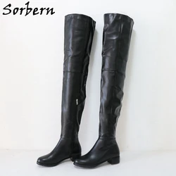 Sorbern Black Matt Long Boots Women Low Heel Hoof Heels Unisex Round Toe Half Zipper Over The Knee Mid Thigh High Boot Fetish