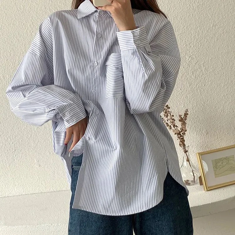 Striped Shirt Women Summer New Fashion Elegant Loose Long Sleeve Top Korean Casual Office Ladies Turn Down Collar Blouse