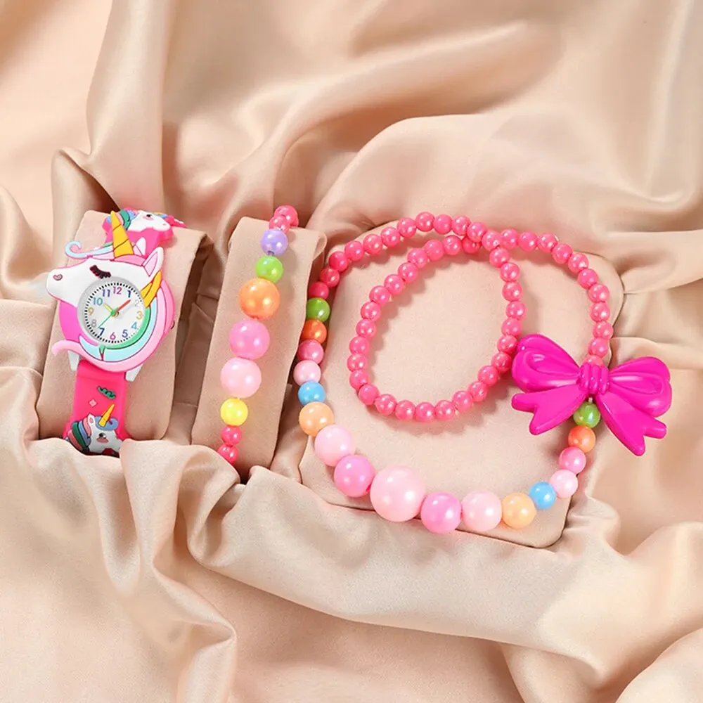 3pcs Girls Unicorn Patter Watch Silica Gel Quartz Wristwatch Jewelry Set Children Colorful Bow Necklace Bracelet Set