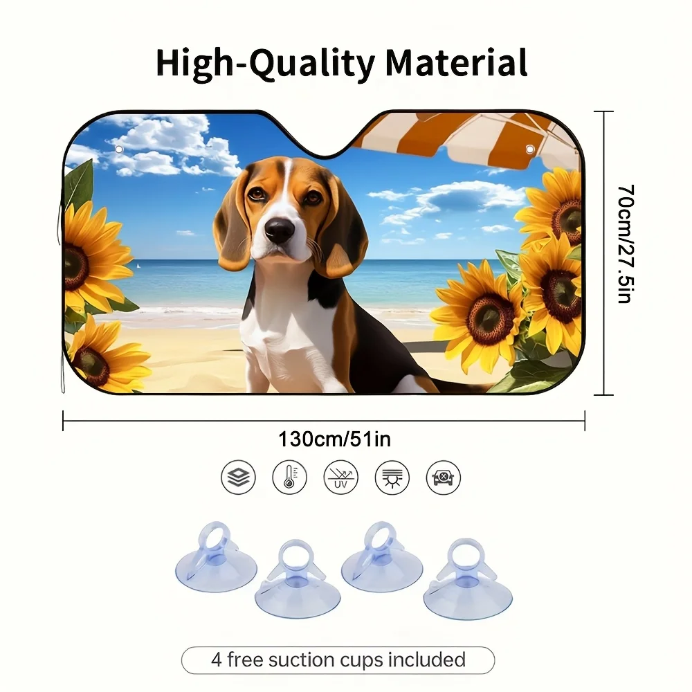 1pc Beagle Beach Sunflowers Car Sun Visor - 2D Flat Printing, UV Protection & Heat Reduction, Fit For All Vehicles, Summer Trave
