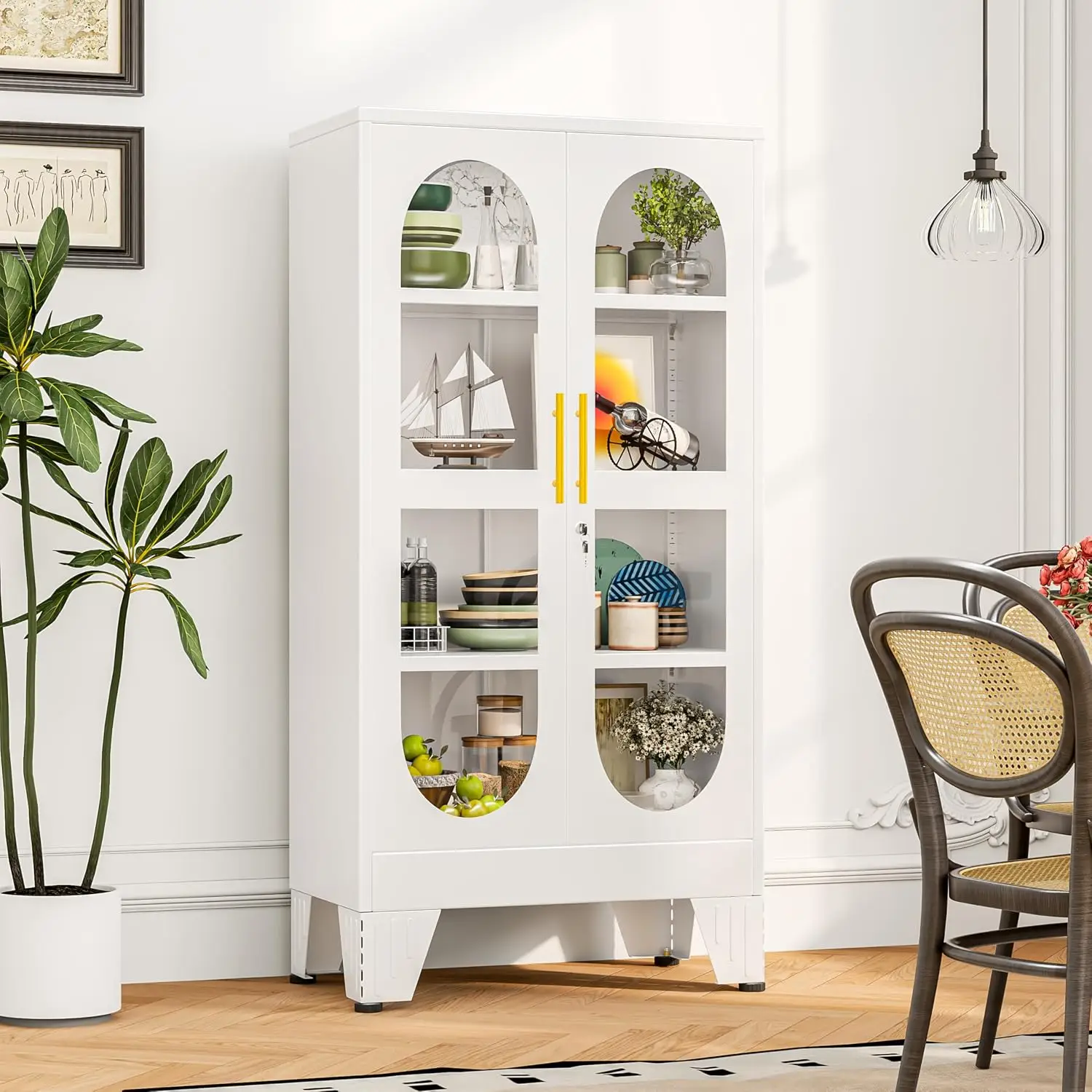 47" Tall Metal Curio Cabinet with Glass Door, 4-Tier Adjustable Shelves, Locking Display Case for Collectibles, White view 4