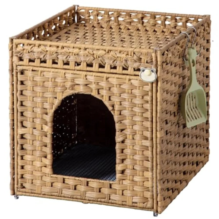 Mueble para Caja de Arena de Gatos, Caja de Arena Oculta con Alfombra y Valla, Casa de Gatos de Ratán Tejida a Mano con Dos Ganchos en Forma de S para
