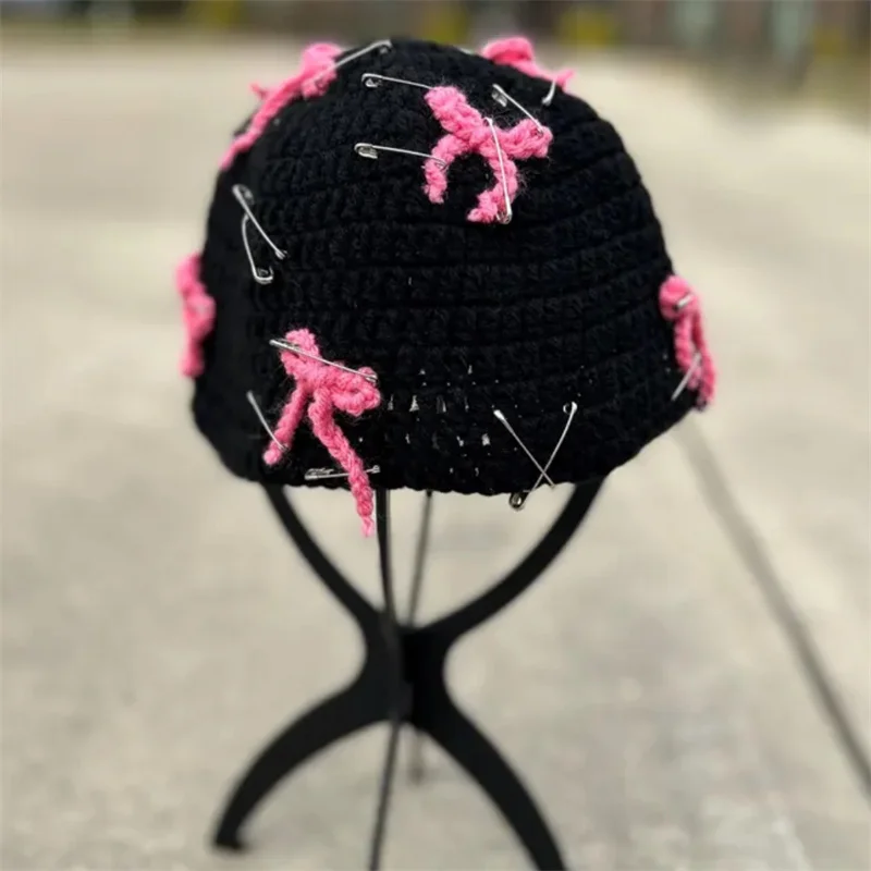 Cross-border sales Handmade crocheted Fashion Pullover cap personality pink Bow decoration Funny hat For women men warm hat