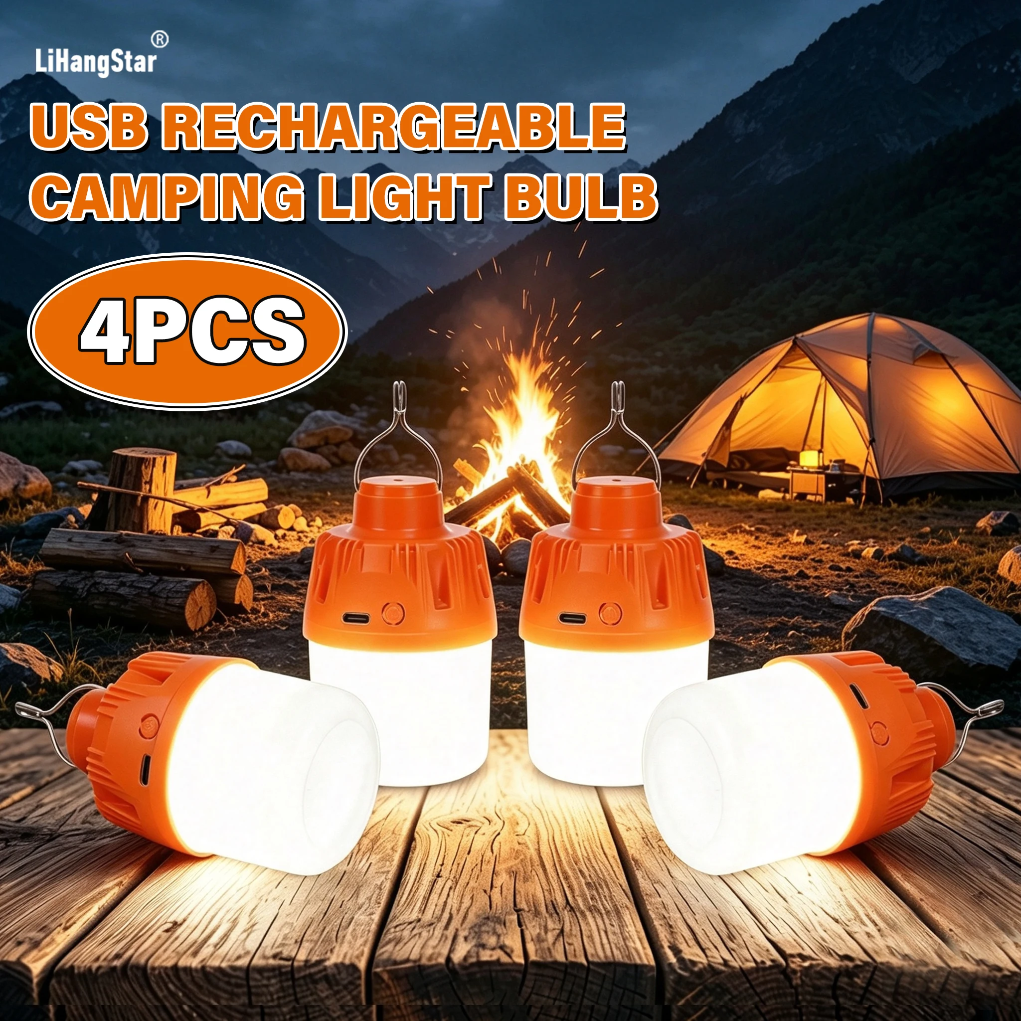 LiHangStar 4-teiliges USB-aufladbares Campinglicht-Set, tragbares Arbeitslicht, Hängelaterne mit Haken, tragbares weißes Zeltlicht mit 3-stufiger Dimmung, Outdoor-Camping-Notfall-LED-Licht – perfekt