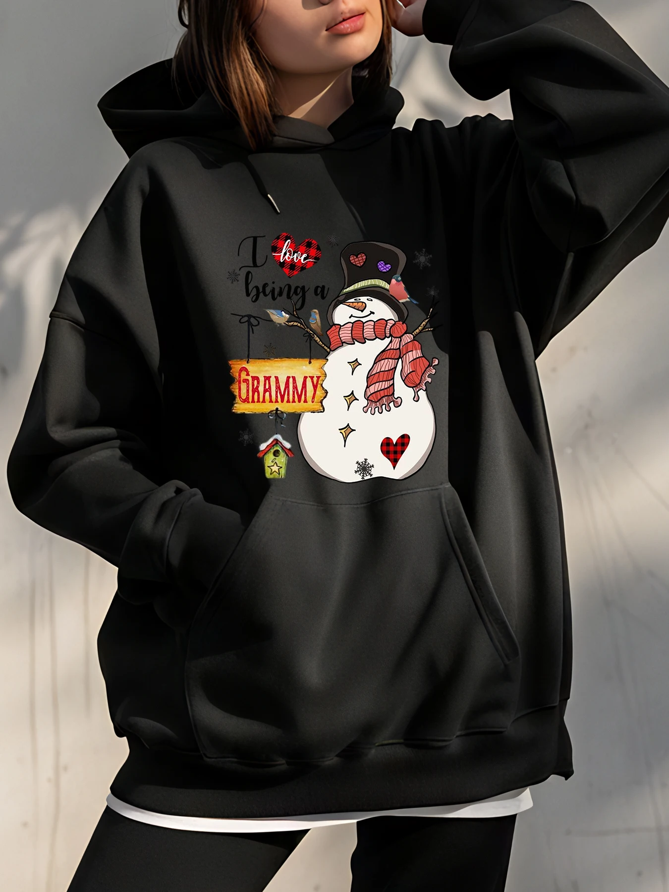 Women's Christmas Snowman Hoodie I Love Being a Grammy Printed Sweatshirt Winter Casual Fashion Gift for Grandma