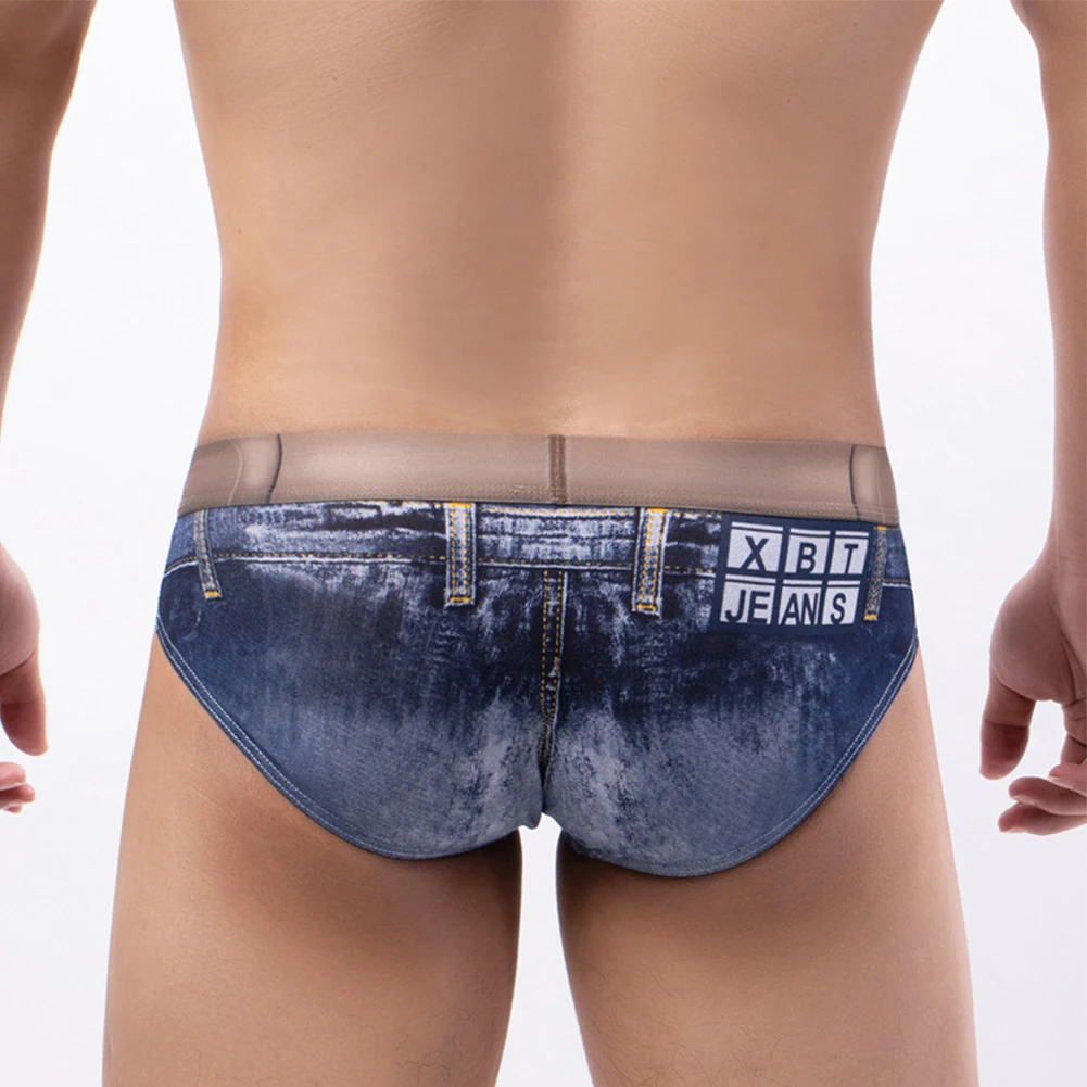 Mens 3D Print Jeans Sexy Underwear Bikinis Briefs Elastic Shorts Trunks Thong U Convex Big Scrotum Pouch Underpants Erotic Pants