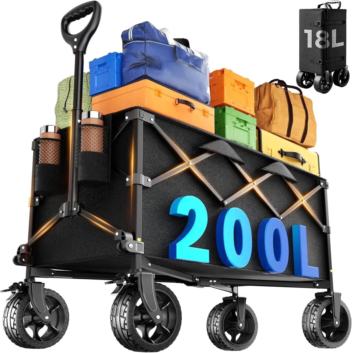 Heavy Duty Collapsible Wagon Cart, 200L Large Capacity Folding Beach Wagon with Big All-Terrain Wheels, Brake & Adjustable