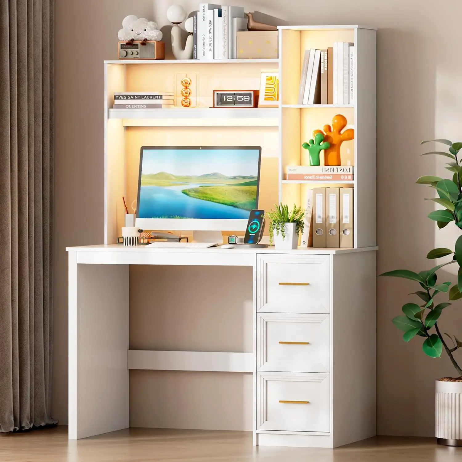 40” Home Office Desk with Hutch and Drawers, Computer Desk with Power Outlets and LED Light, Study Writing Gaming, Customized