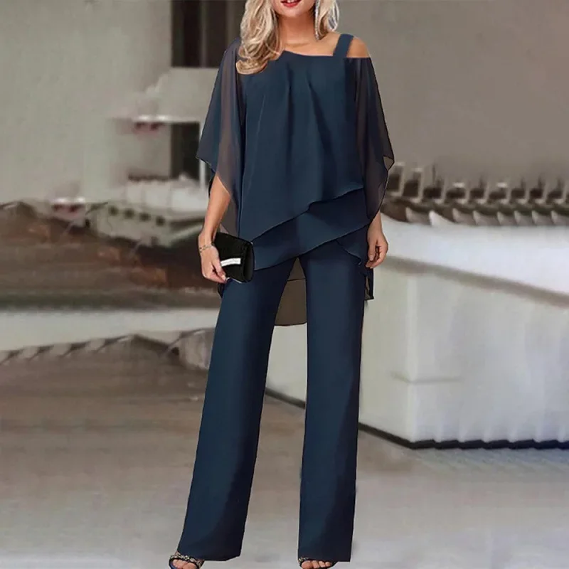 

Solid Color Loose Casual Bat Sleeve 2pcs Women's Clothing Set Top Blosue & Trousers Irregular Fashion Casual
