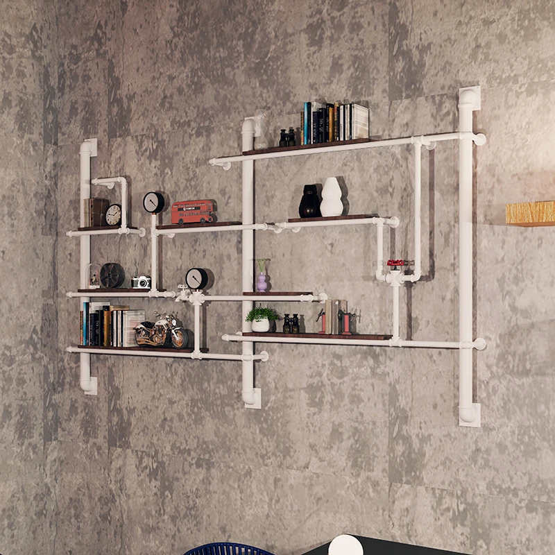 Lao Ma retro industrial wind wrought iron water pipe wall rack display rack wall hanging office commercial solid wood shelf