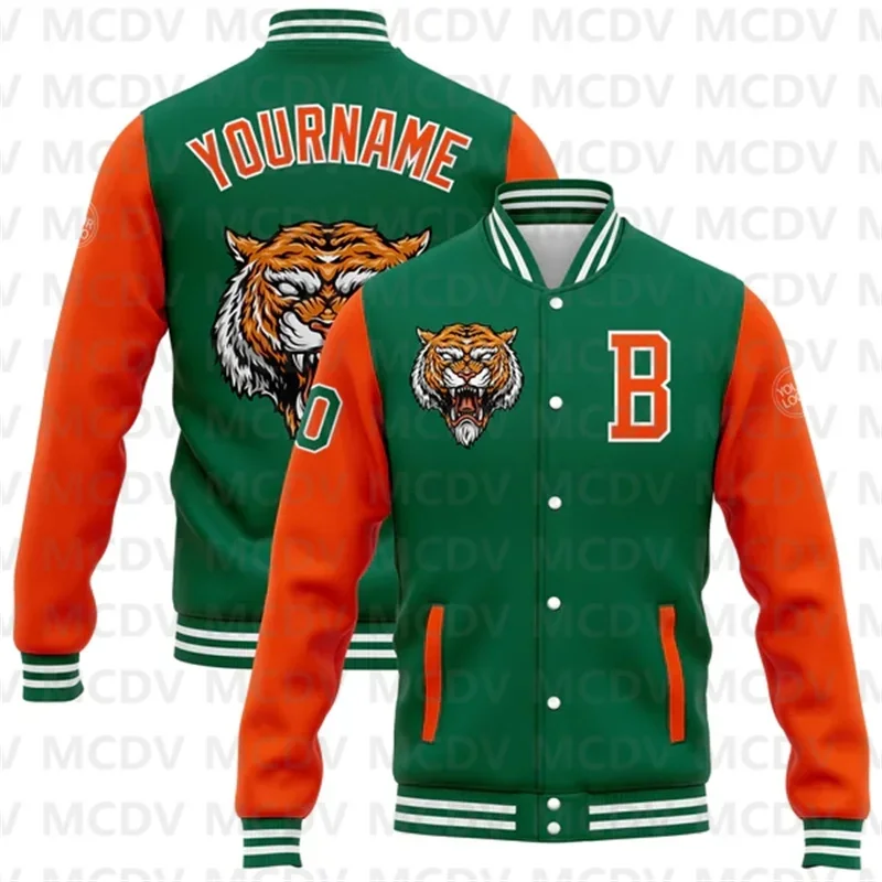 Custom Kelly Green Orange-White 3D Pattern Design Bomber Full-Snap Varsity Letterman Jacke