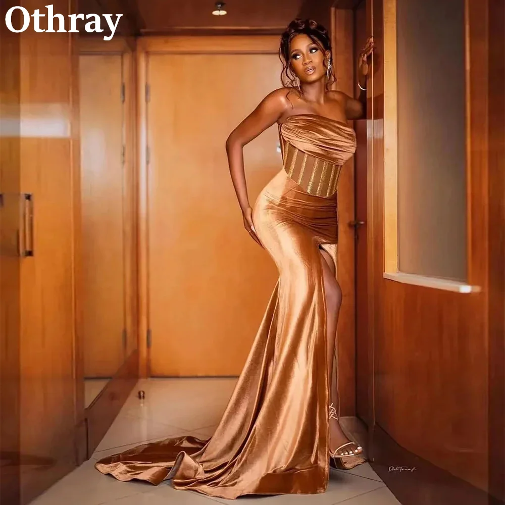 Otrray-Vestidos de Noche marrones únicos, precioso terciopelo sin tirantes, corpiño plisado largo, vestidos de graduación con abertura frontal, bata de Gala