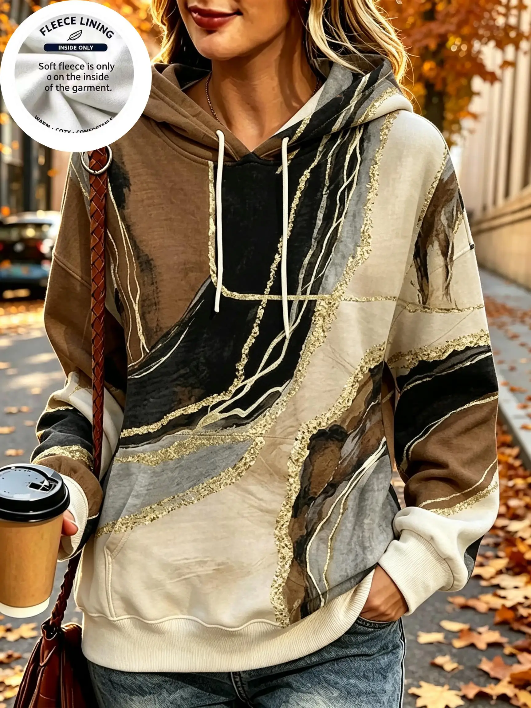 Women Fleece Hoodie, Abstract Marble Watercolor Gold Line Print Hooded Sweatshirt, Artistic Flowing Texture Casual Pullover