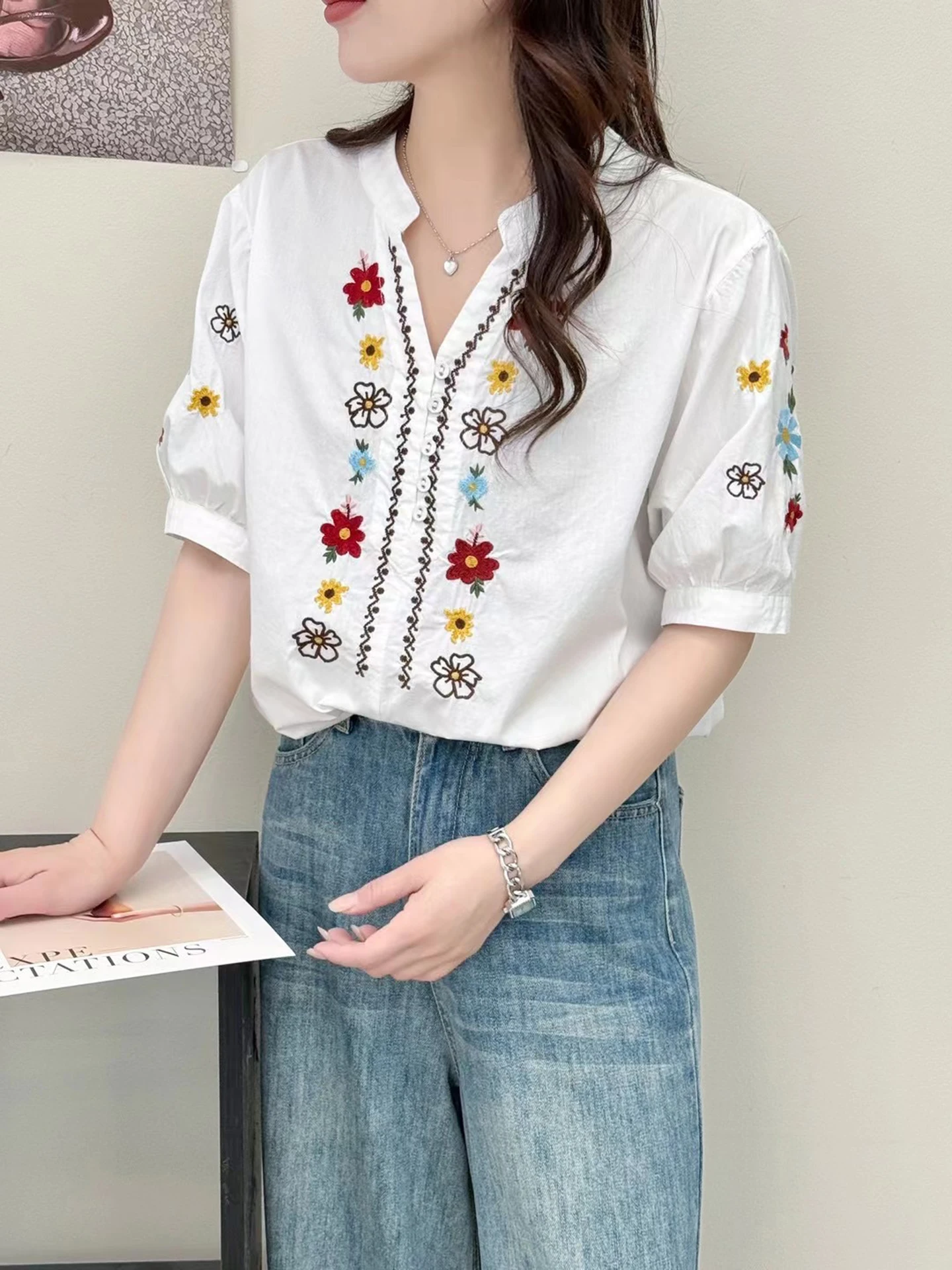 New 2025 Summer Cotton Short Sleeve Shirt, Women V Neck Embroidery, Mori Girl Vintage Ethnic Style Casual Loose Blouse T55771CC