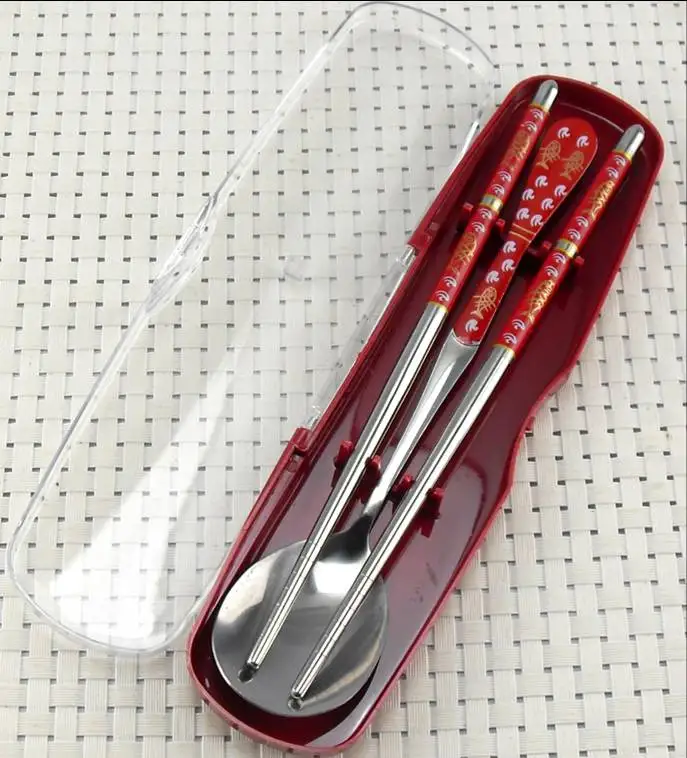 Korean Style Double Fish Pattern Stainless Steel Spoon Chopsticks Gift Set  Stripe Design Boxed Utensils for Everyday...