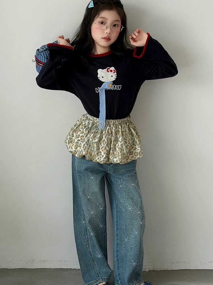 韓国風子供用漫画猫柄長袖tシャツとジーンズセット-女の子用-春新作-カジュアル-軽量-着心地の良い