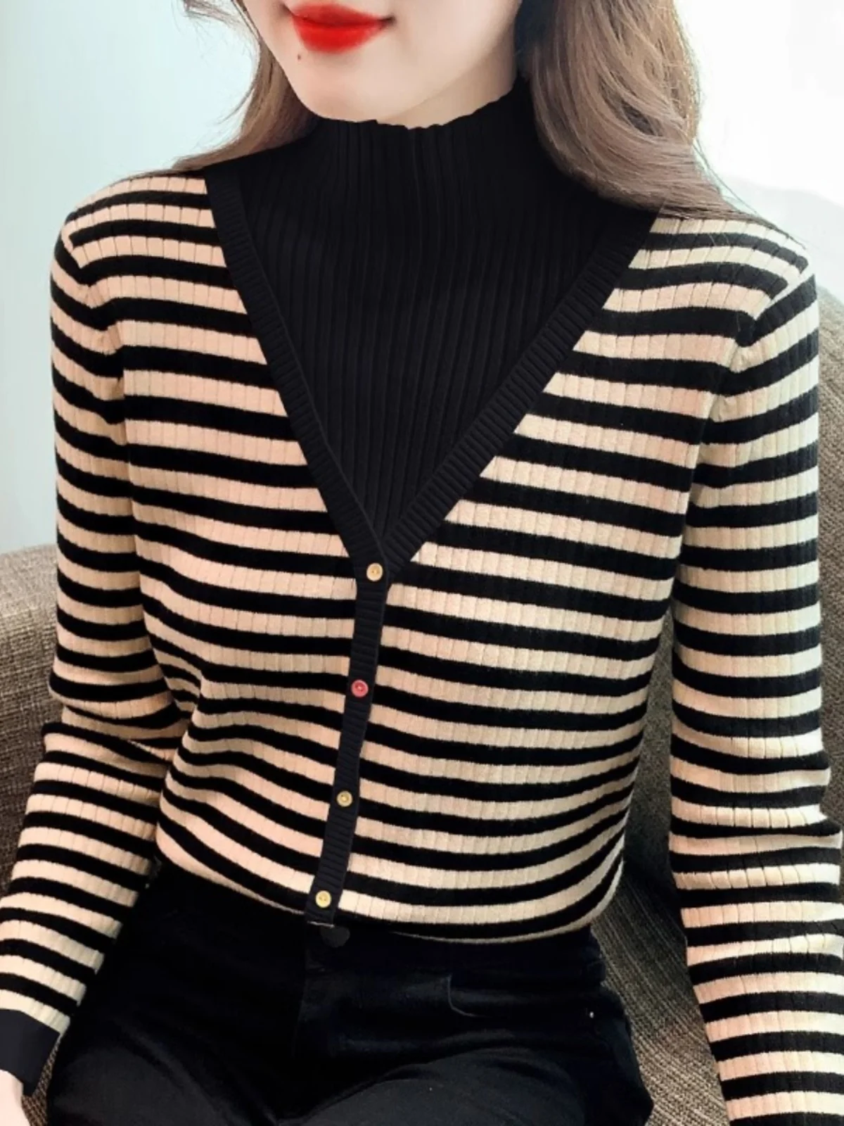 Suéter feminino de malha com gola alta, pulôver longo sve v-ne com camada base fashionable para outono e inverno