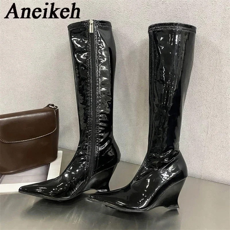 ANKLE 2025 Autumn Winter New Pointed Toe Sloping High-heeled Boots Patent Leather Pleated Pile High-heeled Boots Pumps Shoes