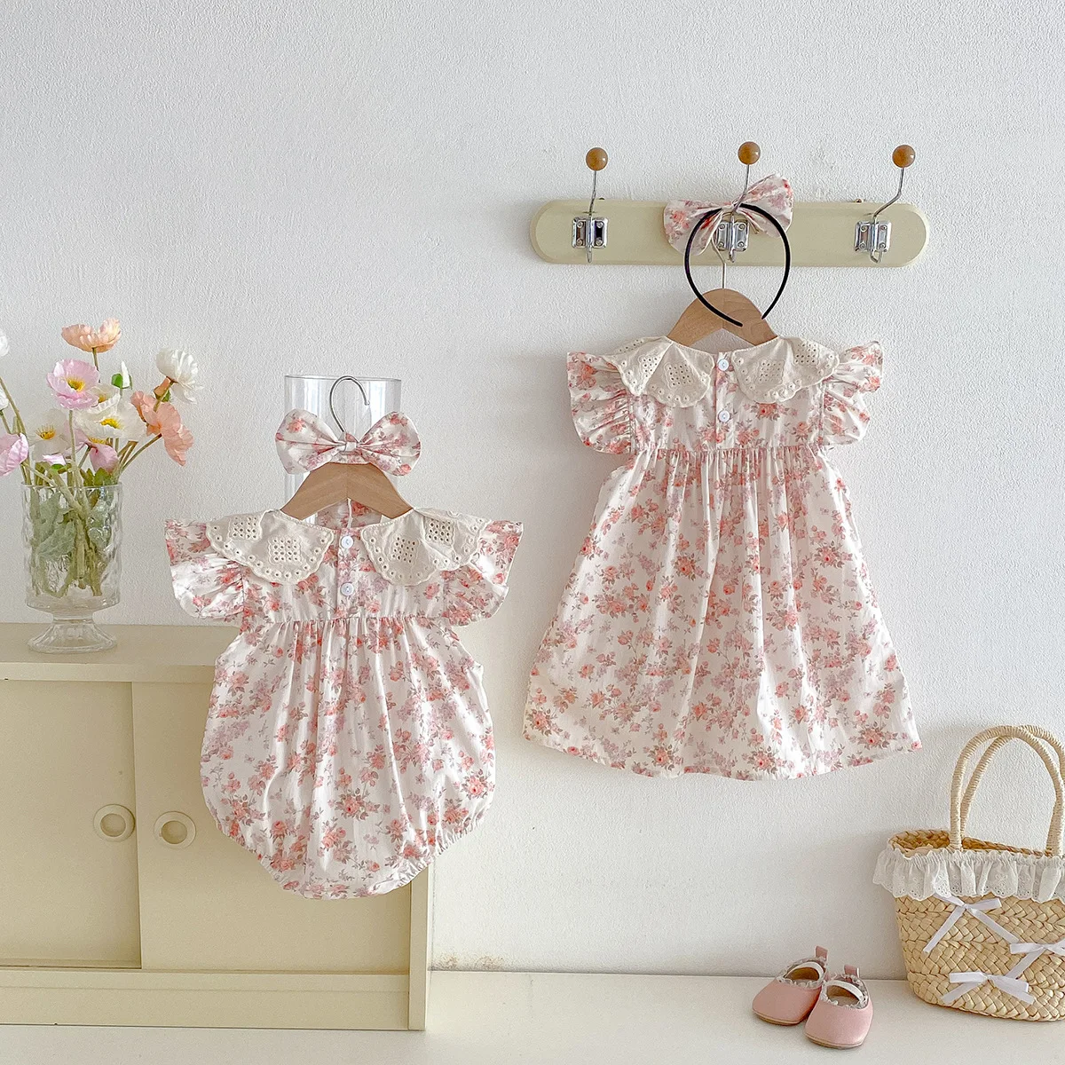 2026-baby-toddler-floral-matching-outfits-flutter-sleeve-lace-collar-bodysuit-dress-for-little-big-sisters-cute-princess-sets
