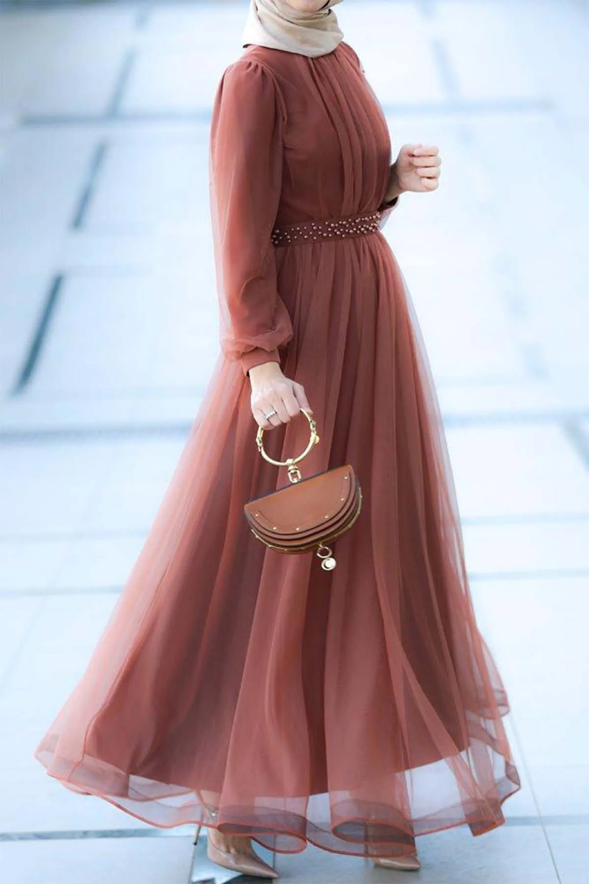 ผู้หญิงมุสลิม Hellofatimah Elegant ชีฟองโคมไฟ Layered Tunic Maxi Dress