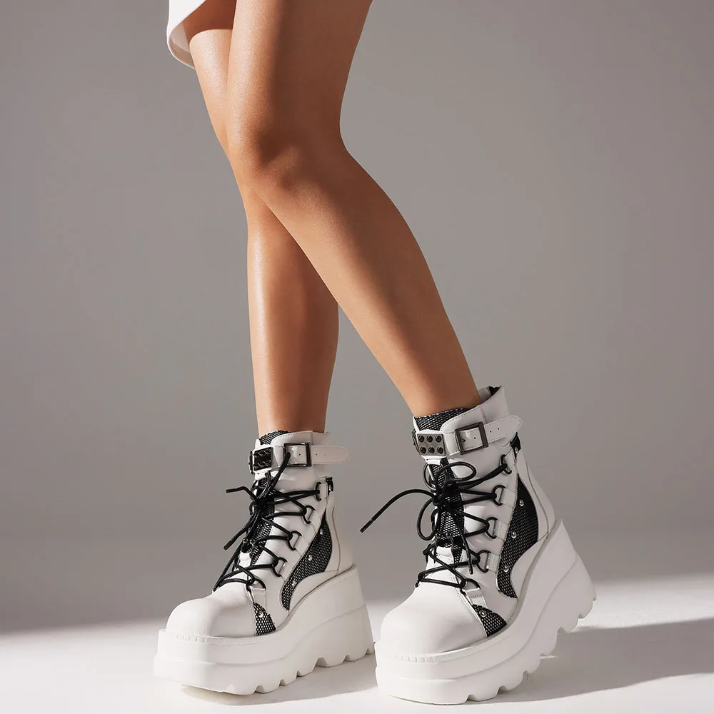 DoraTasia فاسق حذاء من الجلد منصة عودة زيبر مشبك جولة تو الدانتيل متابعة مكتنزة أحذية بكعب عالي مختلط اللون دراجة نارية الأحذية #5