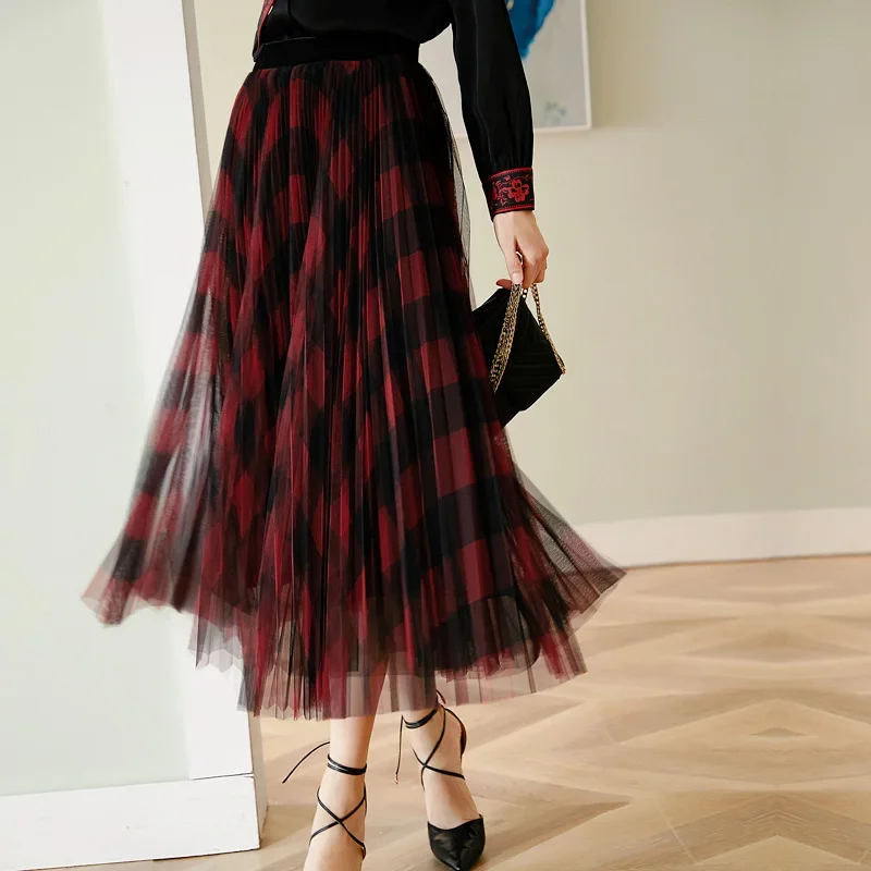 Winter Vintage Plaid Pleated Maxi Long Tulle Skirts Elegant Red Green Check Tartan A-line Ankle Long Mesh Skirts