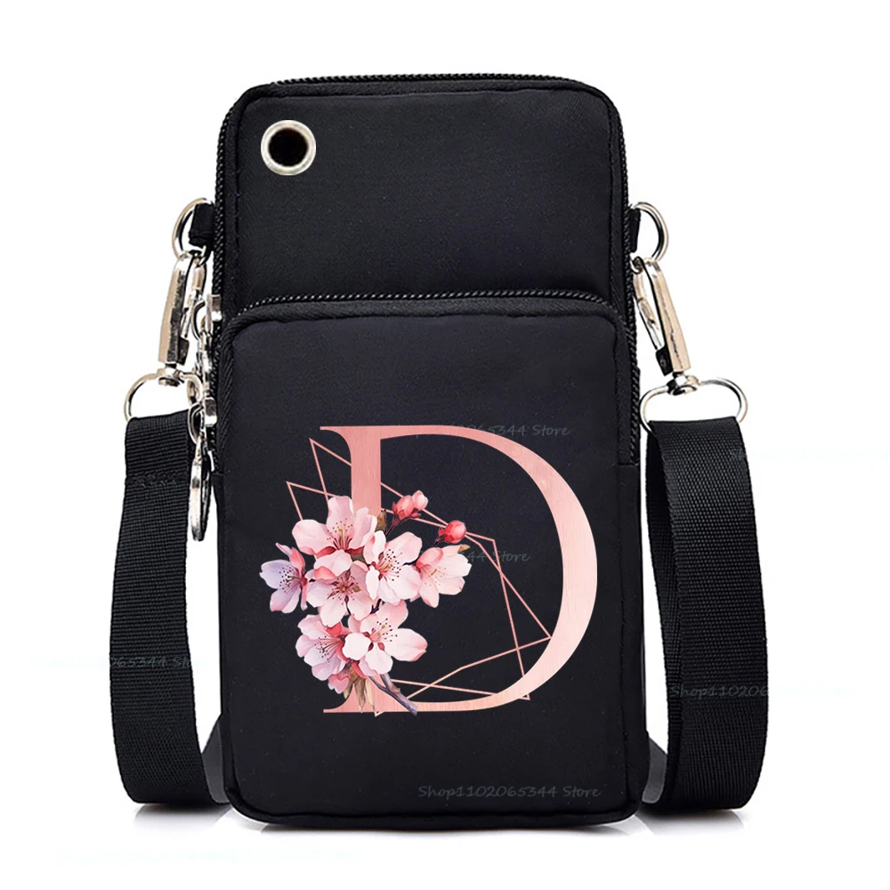 Mini Mobile Phone Bag Sakura Alphabet A-Z Women Phone Shoulder Bags Fashion Floral Surname First Letter Teen Purses Handbags