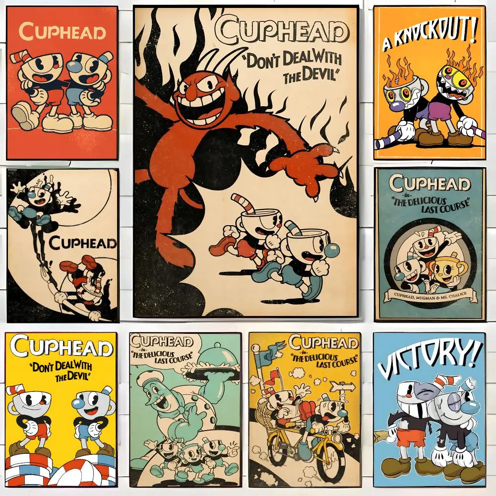 Póster de C-Cuphead de dibujos animados, diseño moderno y atractivo, ideal para decorar el hogar, resistente al agua, para pared, sala de estar, bar, decoración estética.