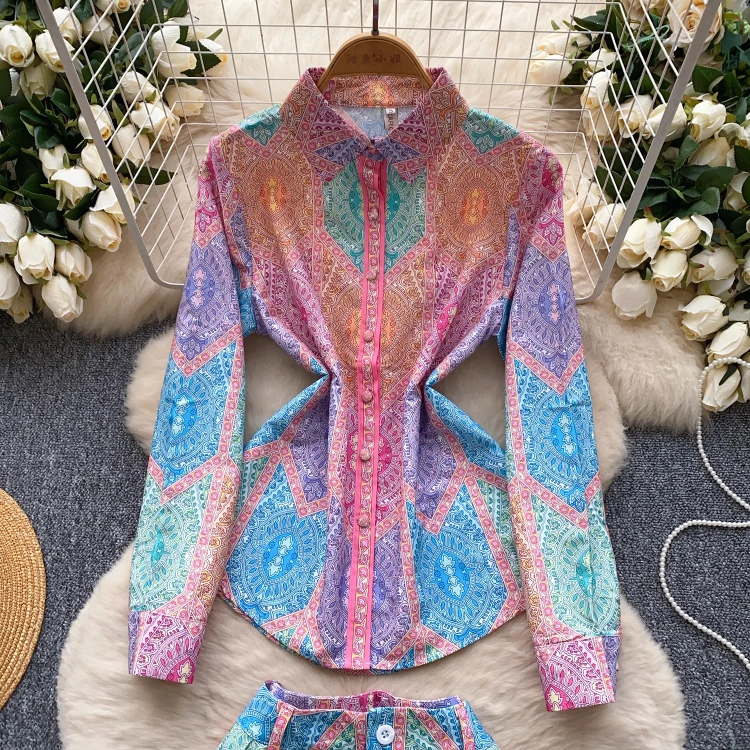 Summer Holidays Vintage Paisley Shorts Suit Women's Outfits Long Lantern Sleeve Shirt Blouse Top + Belt Shorts Two Piece Sets