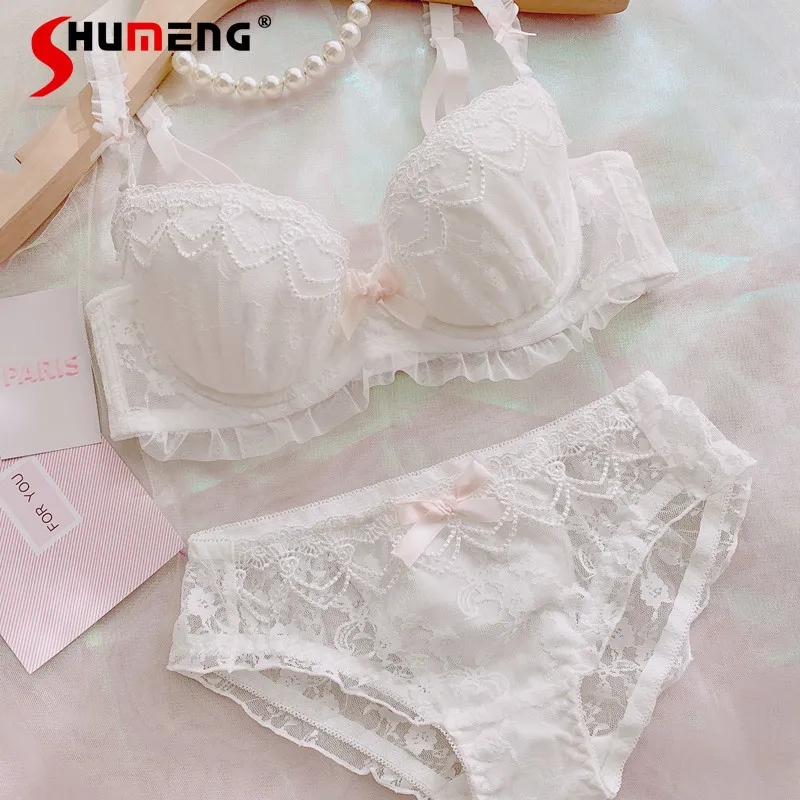 

Japanese Sweet Girl White Lace Bra Set Female Japanese Style Underwear Panties Suits Women's Slimming Sexy Intimates Set