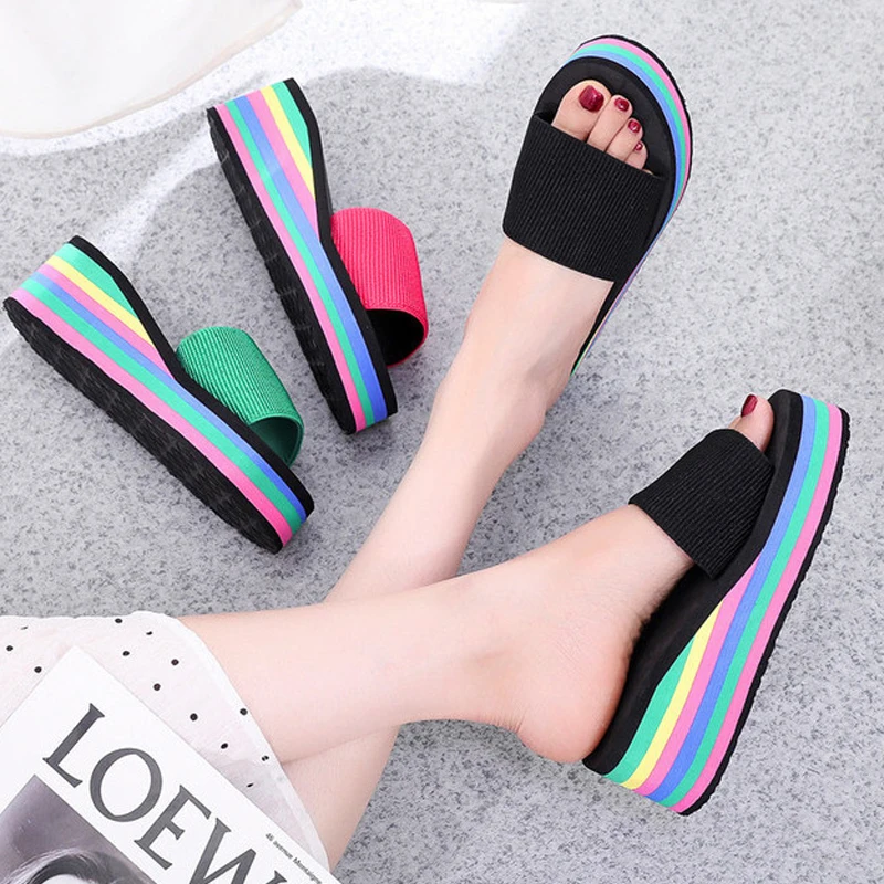 Summer Women\'s Flip Flops Fashion Bohemian Rainbow Female Beach Flip Flops Casual Flat Ladies Slipper Comfortable Women Shoes