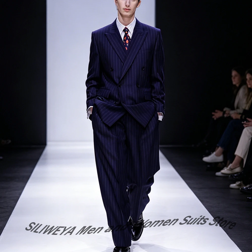 

Classic Navy Blue Pinstripe Men's Suits and Separates Double Breasted 2 Piece Jacket Pants Set Formal Wedding Groom Txedos