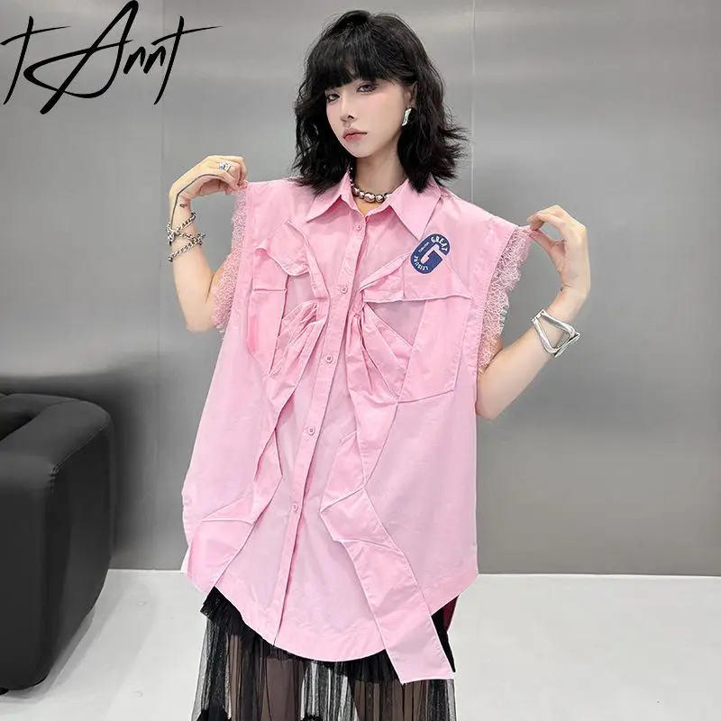 

Tannt Women Shirt Blouse Bow Lace Patchwork Asymmetry Sleeveless Pink Blouse Tops Irregular Fashion Summer Women Shirt 2025