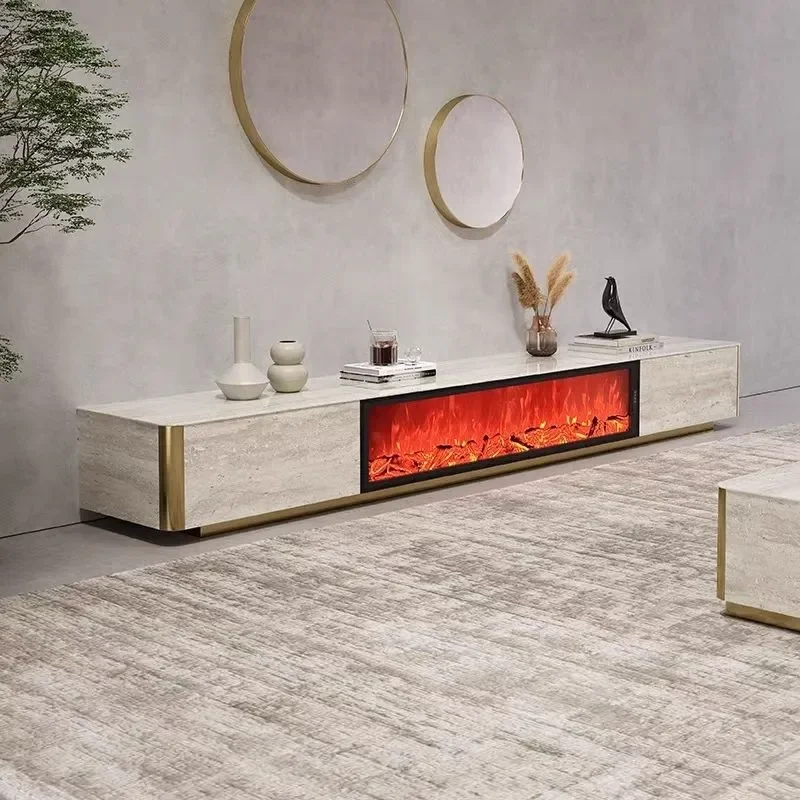 Modern Light Luxury Rock Slab TV Cabinet with Simulated Flame Fireplace Floor to Ceiling Storage Unit for Living Room Simple