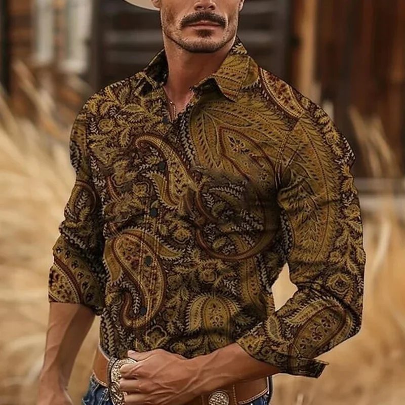 

Men's retro western denim style 3D printed long sleeved shirt for outdoor vacation in spring and summer, high-quality collar shi