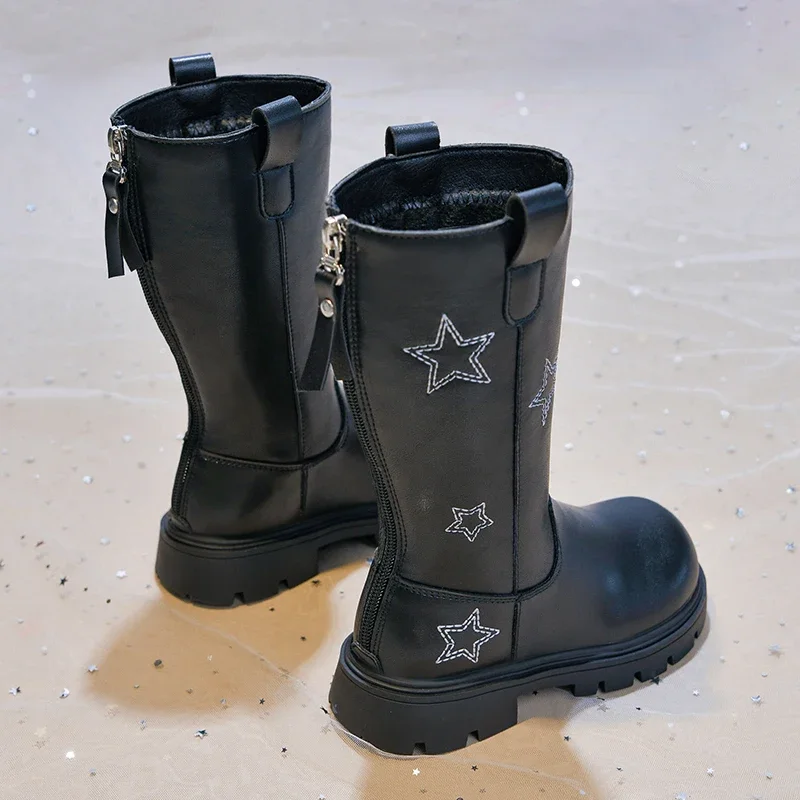 Kids Girls Star Embroidery Tall Boots Back Zipper Thick Platform Non‑Slip Fleece‑Lined Winter Boots