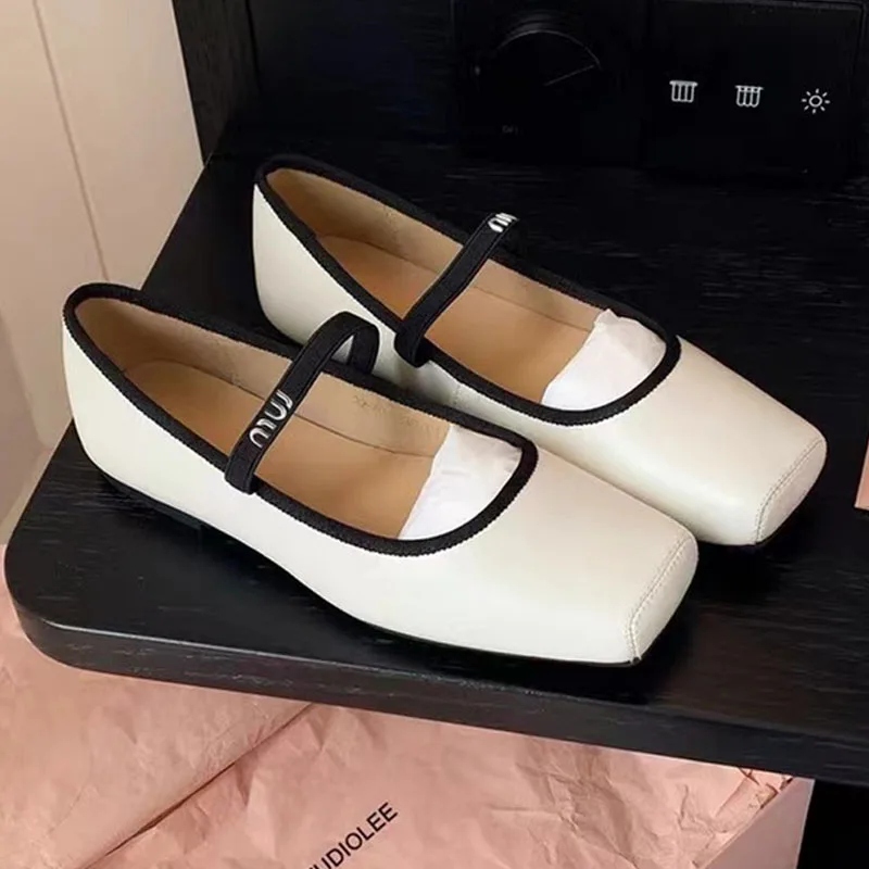 Women Ballet Flats Fashion Square Toe Pumps Soft Leather Slip-on Casual Shoes Female Mary Jane Shoes Office Lady Work Thin Shoes