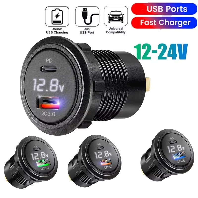 Usb c car charger socket with voltmeter usb a 3.0 car charger outlet adapter for 12V/24V Cars Boats Motorcycle