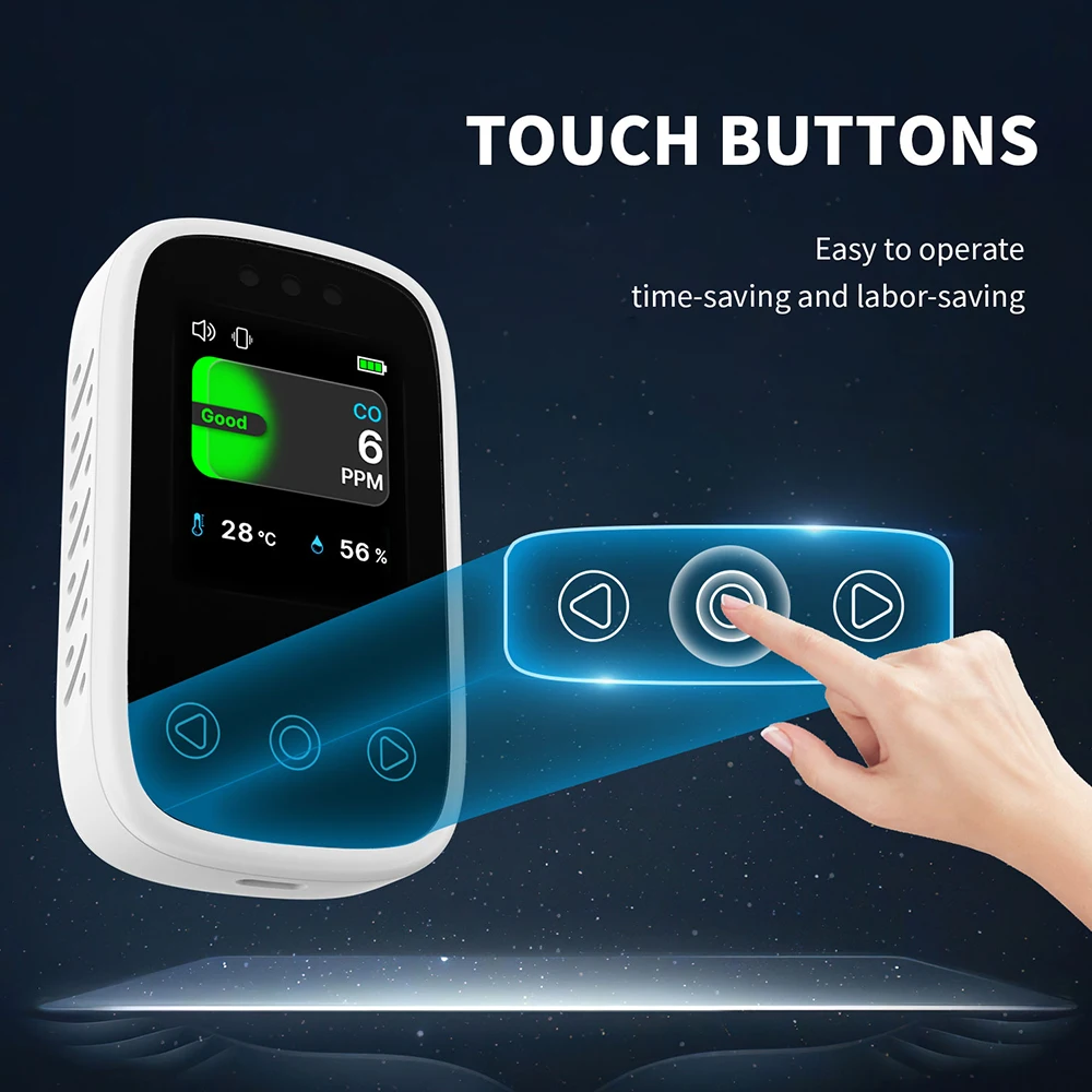 3 in 1 Portable Carbon Monoxide Detector Temp Humi Meter Rechargeable Travel Mini CO Detector Vibration Sound Alarm LED Screen