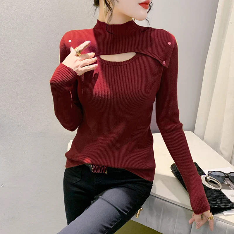 #4332 Knitted Sweater Women Hollow Out Split Joint Woman Sweater Pullovers Long Sleeve Half High Collar Knitwear Short Pullover