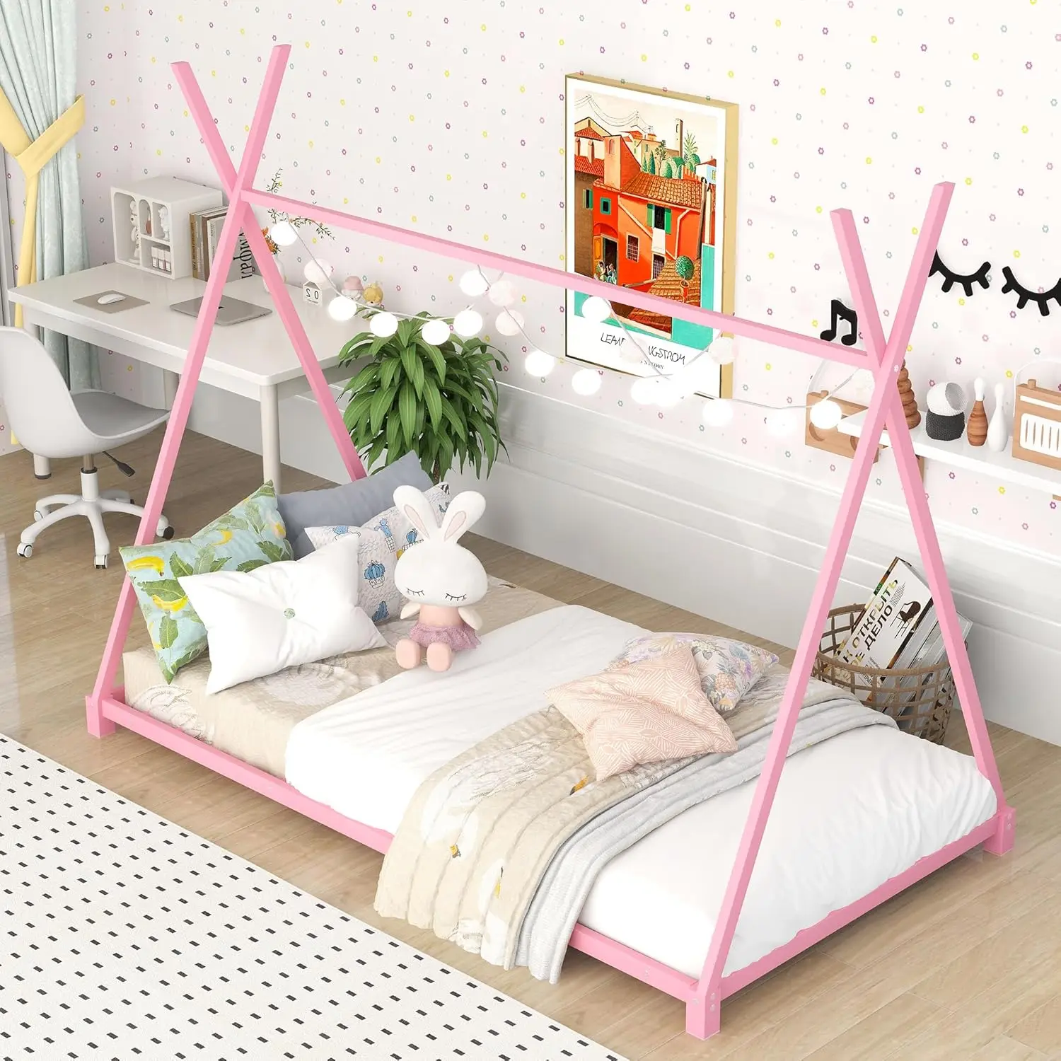 Bed with Slats and Triangle Structure, Montessori Floor Bed Frame Twin Size, Twin Size House Floor Bed/Montessori Bed for Kids,