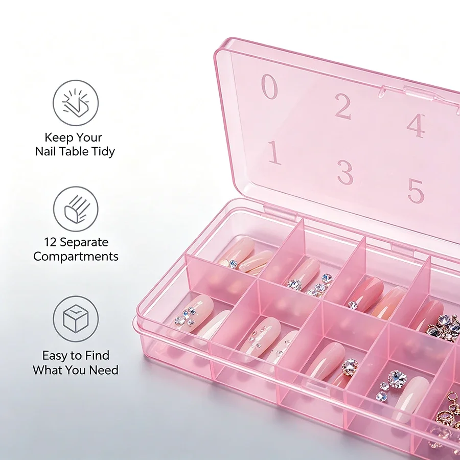 12 Grid Nail Tip Storage Box, False Tips Case with Printed Marking, Jewelry Rhinestone Bead Organizer Container view 3