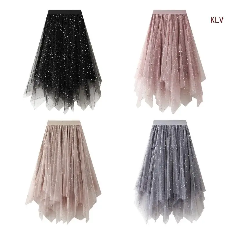 

Women Elastic High Waist Star Sequins Mesh Tulle Velvets Skirt Formal High Low Asymmetrical Midi Long A-Line Skirts