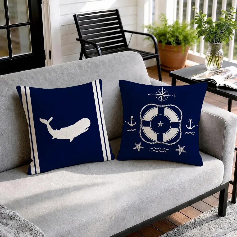 Home Decor Compass Anchor Cushion Cover Natural Linen Organic Fabric Double-Sided Printing Sofa Home Decor Gift Pillow Cover